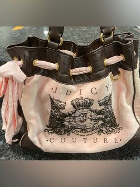 Juicy Couture Pink and Brown Tote with Crest Logo and Scarf Detail